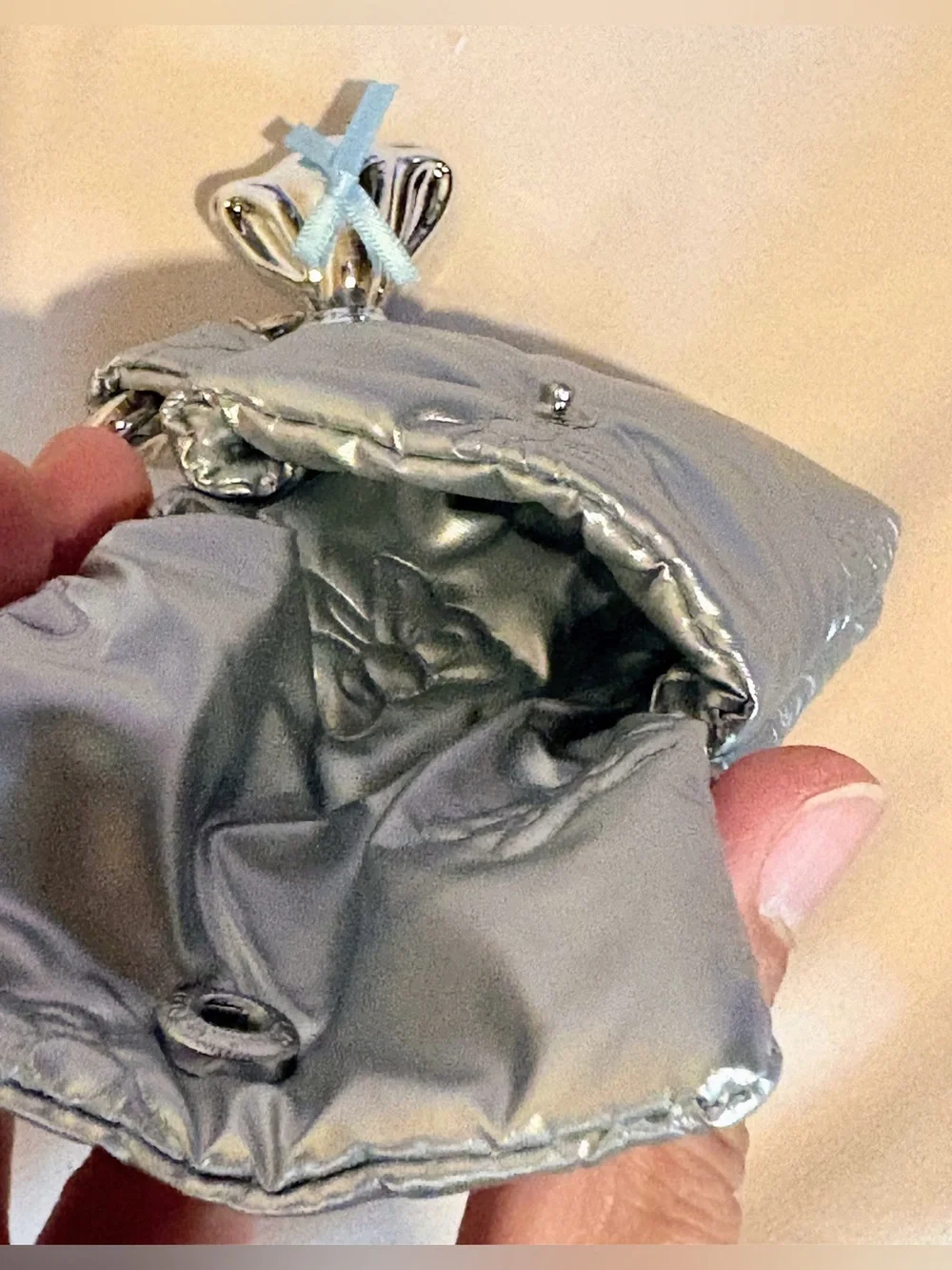 Plush Silver Snap Closure Pouch & Silver Bow Charm - nwot
